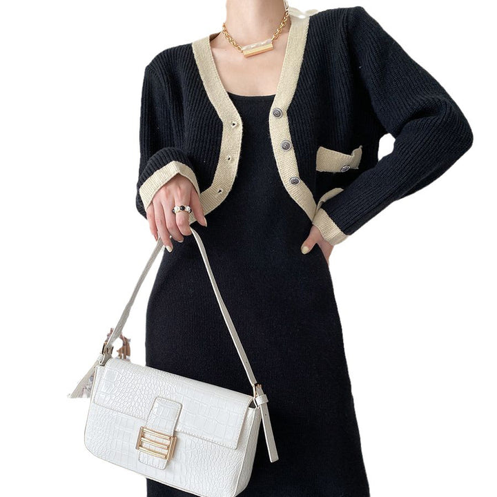 Femme Elegante Strik-Midi-Kjole med Cardigan-Overlay Stilla