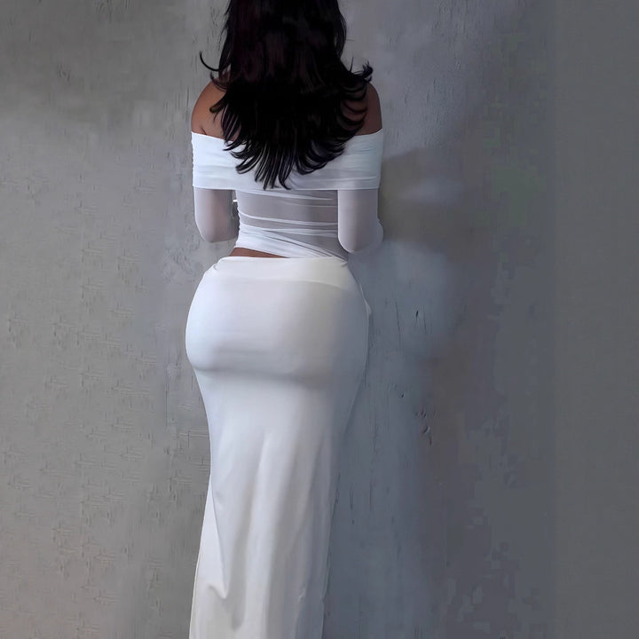 Dame Maxi-kjole med skulderfri design og elegant drapering Skovae