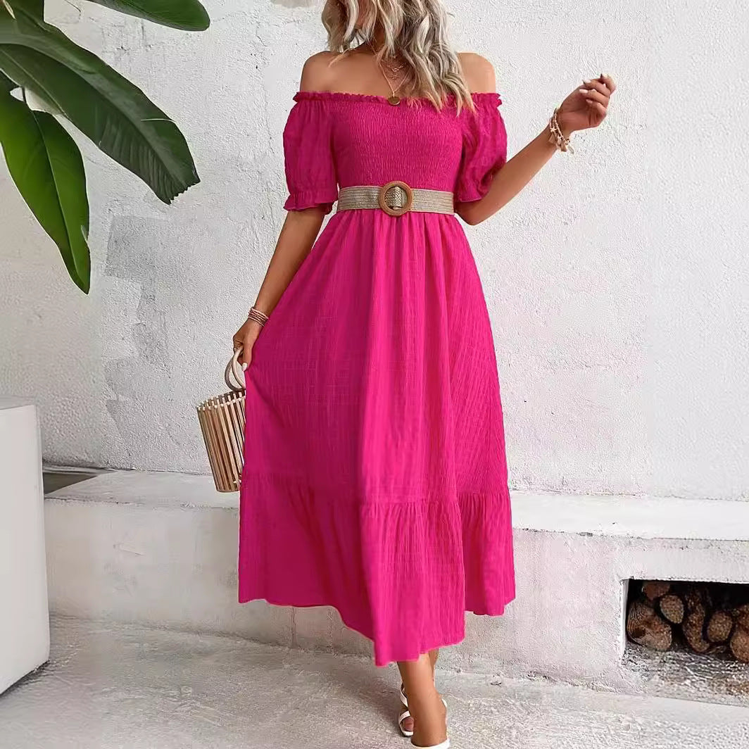 Dame Off-Shoulder Maxikjole med flæsedetaljer og elastisk taljebånd Stilla