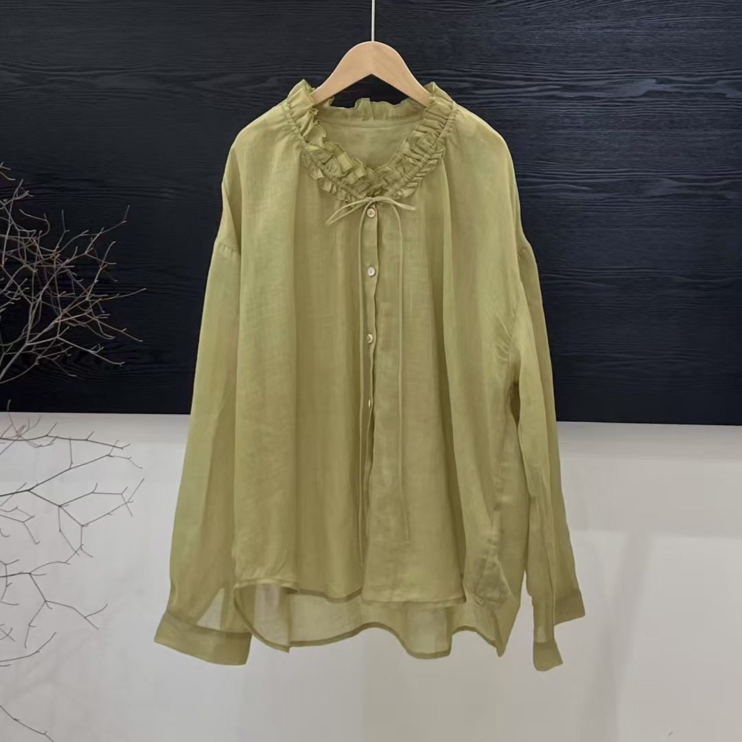 Femme Rynkudskæring Langærmet Bluse med Knapper Stilla