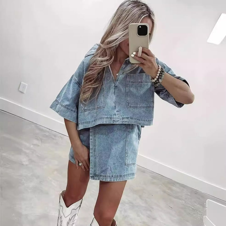 Dame Jeans-mini-sæt med casual kortærmet overdel og smart snit Stilla