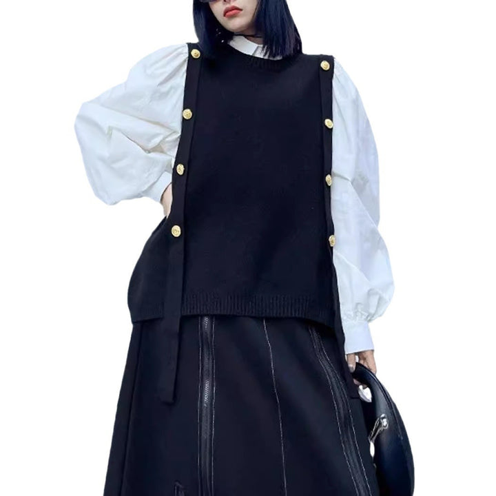 Dame Mode Strikpullover med dekorative knapper Stilla