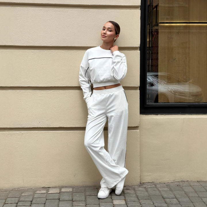 Kvinders sporty top og bukser sæt med elastisk liv og kontrast syninger