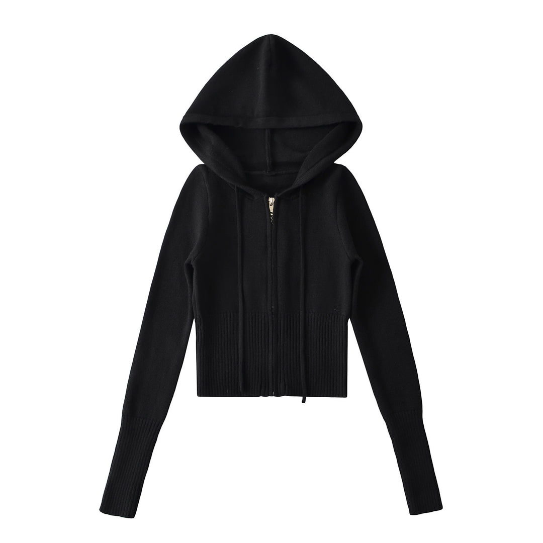 Dame Cropped Hoodie lavet af blødt strikmateriale med lynlås og hætte Stilla