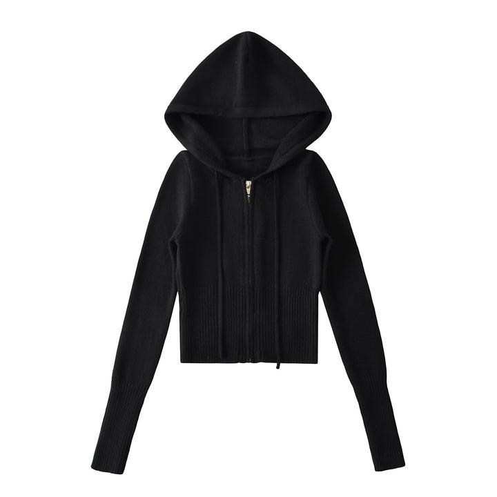 Dame Cropped Hoodie lavet af blødt strikmateriale med lynlås og hætte Stilla