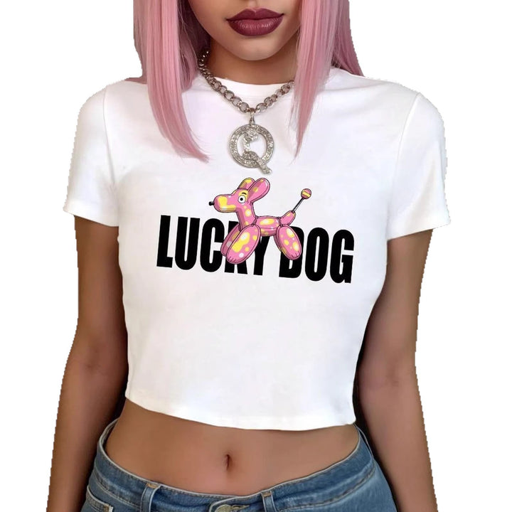 Dame Crop-Top T-Shirt med sjov ballonhund-design Skovae