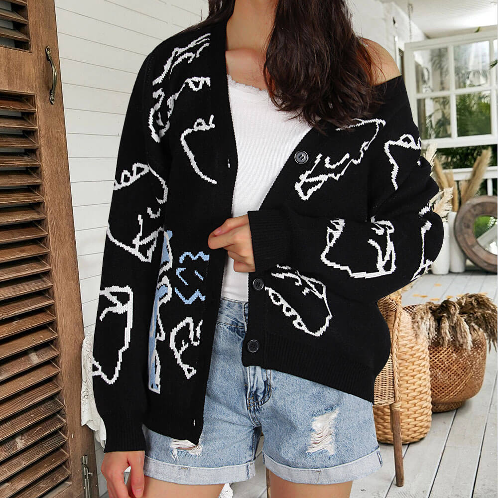 Kvinders mønstrede cardigan med sjov dinosaurmotiv Stilla