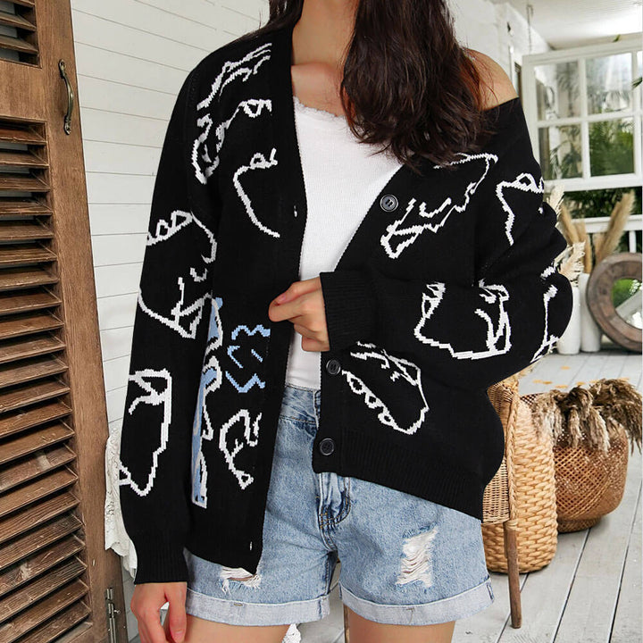 Kvinders mønstrede cardigan med sjov dinosaurmotiv Stilla