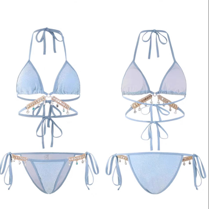 Dame Triangle-Bikini-sæt med skimrende stof og elegante smykkedetaljer Stilla