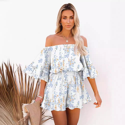 Dame Off-Shoulder Playsuit med Volanter og elastisk Taljeindlæg Stilla