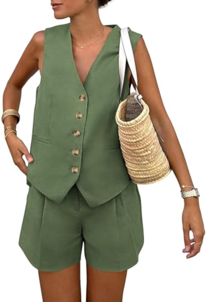Dame elegant jumpsuit sæt med tætsiddende snit og dekorative knapdetaljer Skovae