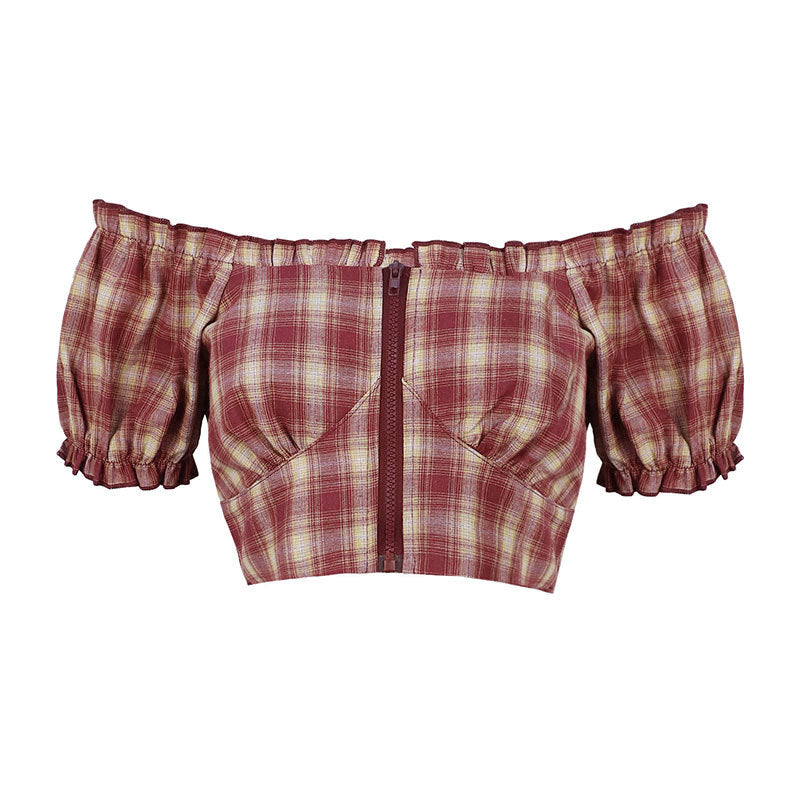 Dame Cropped Bluse med Puffærmer og lynlås Skovae