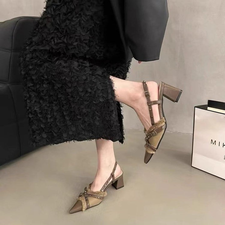 Dame Elegant Spidsed Tå Slingback Pumps med Blokhæl Stilla