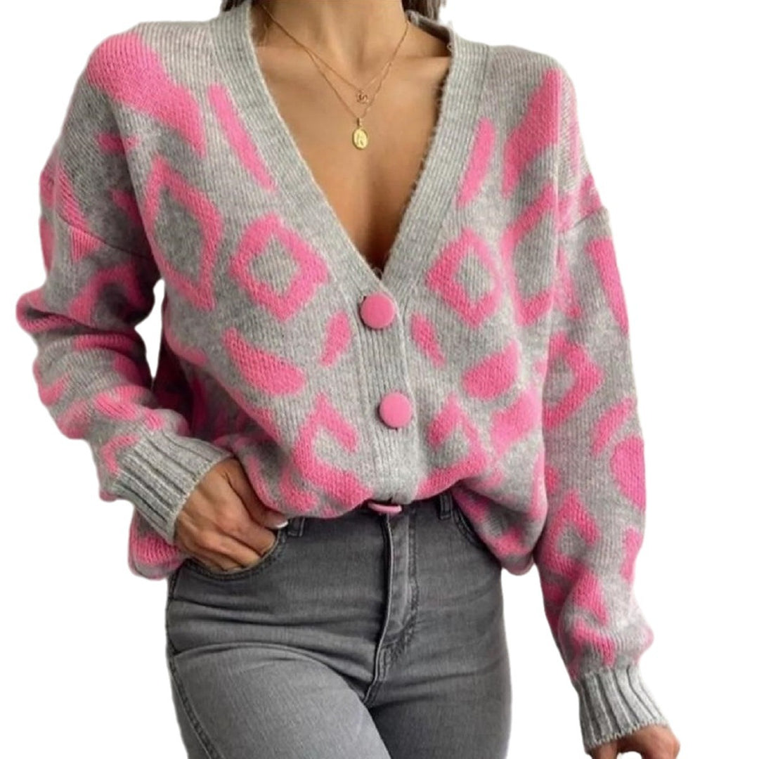 Kvinders chunky strikket cardigan med moderne leopardmønster og knapbare indsæt Stilla