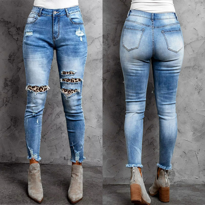 Dame Udvaskede Højtaljede Skinny Jeans med Dyreprint Accenter Stilla
