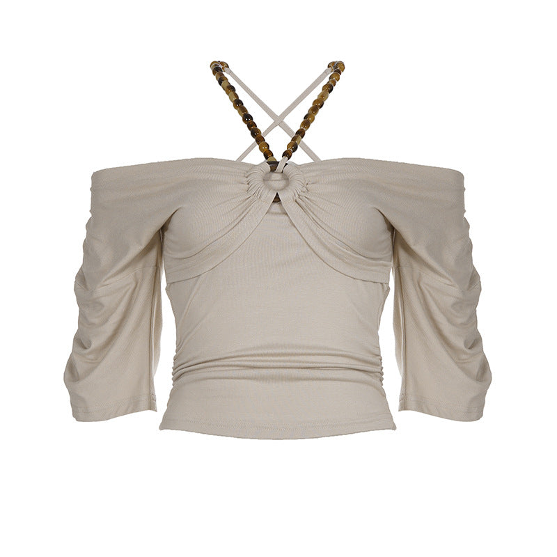 Dame Off-Shoulder Top med voluminøse ærmer og dekorativ knude Skovae