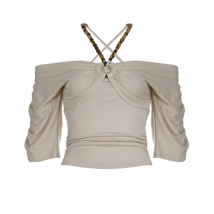 Dame Off-Shoulder Top med voluminøse ærmer og dekorativ knude Skovae