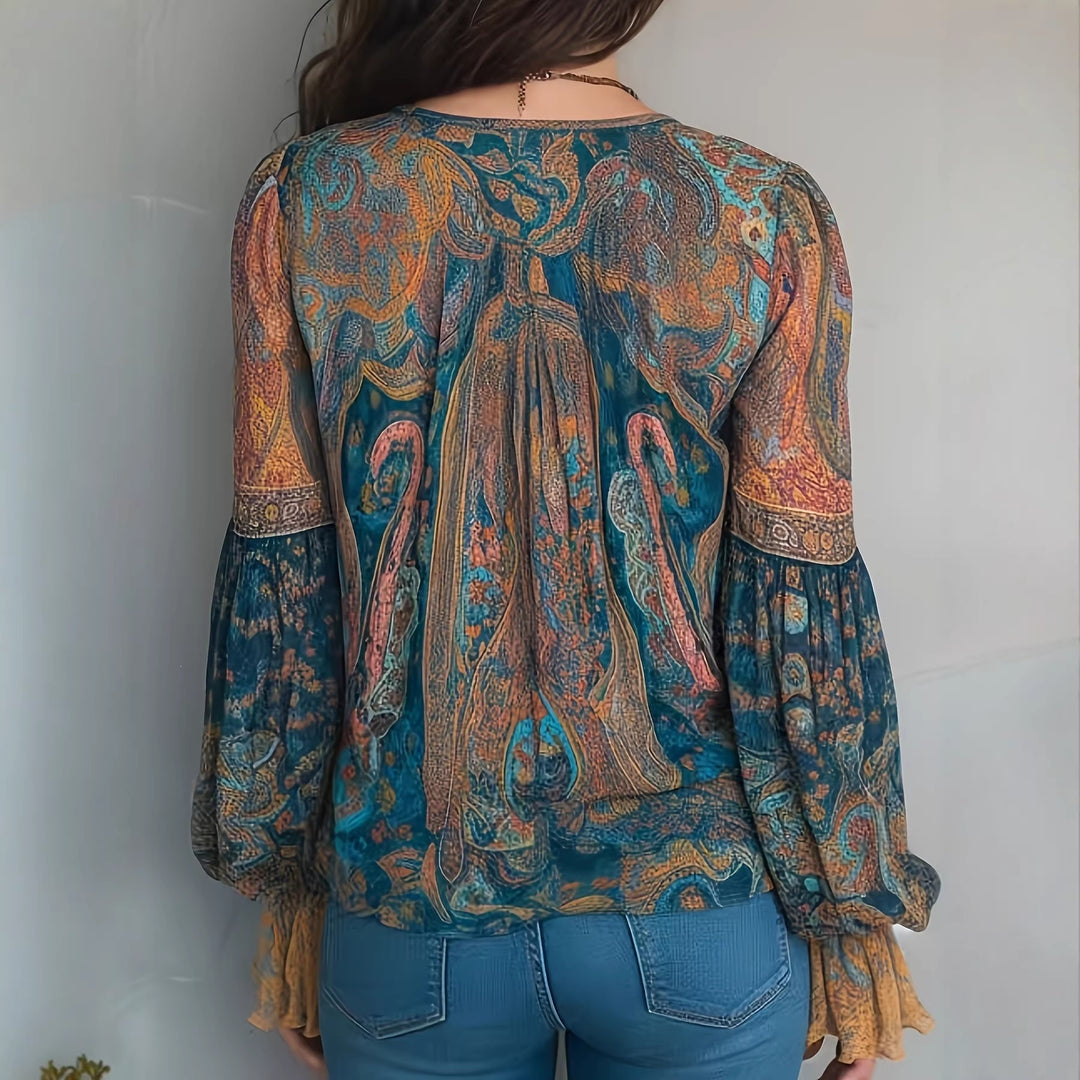 Dame Boho-Chic Bluse med flammende ærmer og V-hals Skovae