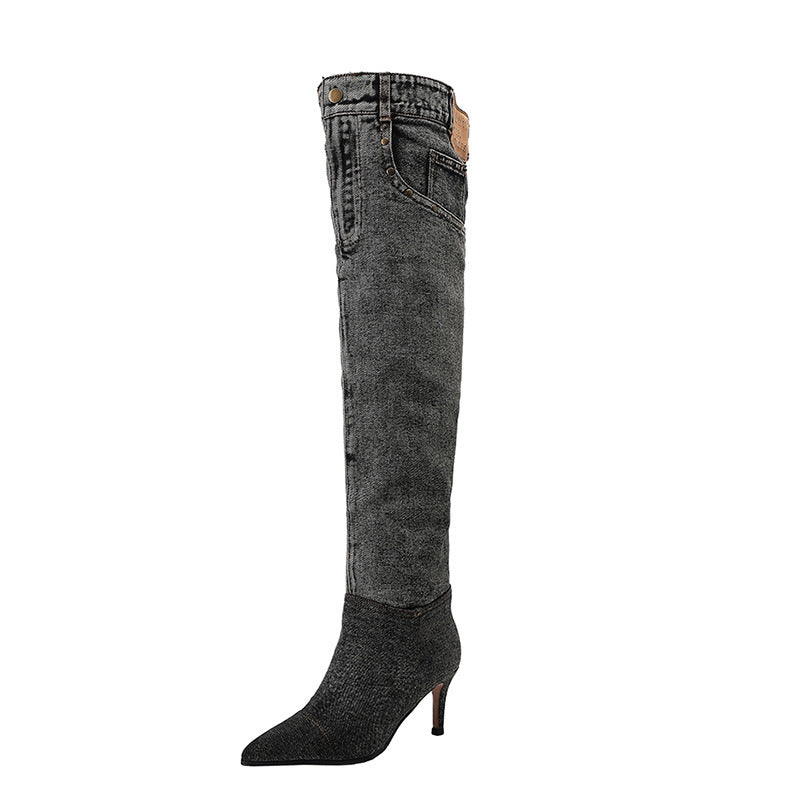 Femme Over-knæet Denim Stiletto Støvler Stilla