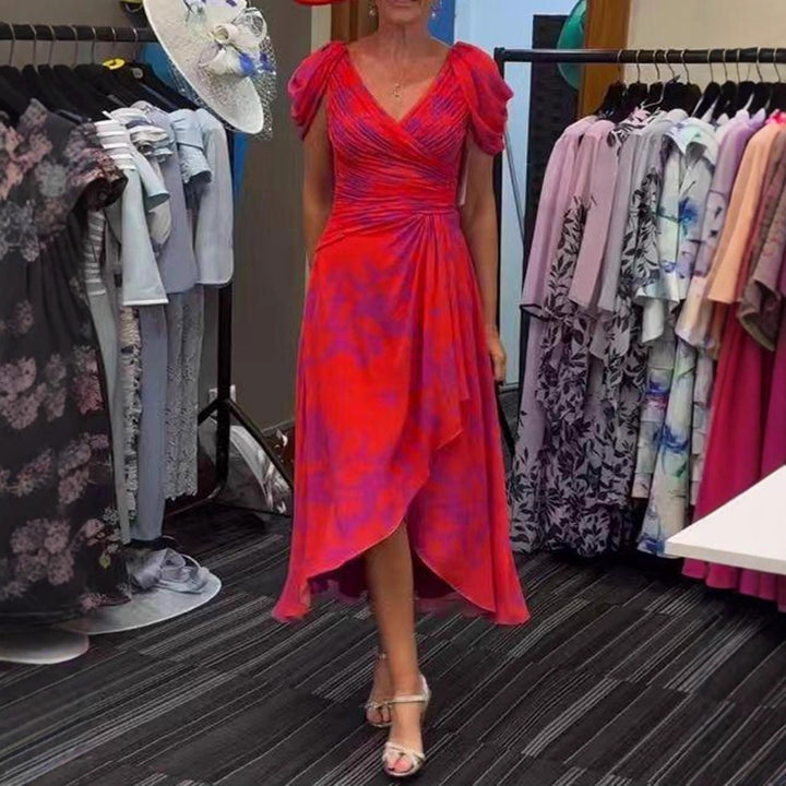Dame nan festligt chiffon midikjole med krydset V-udskæring, taljeophækning og asymmetrisk tulipan skirt Skovae