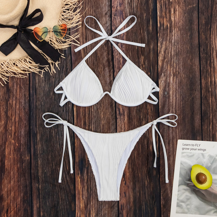 Dame Rib-design Triangel-Bikini-sæt med justerbare bindedetaljer Stilla