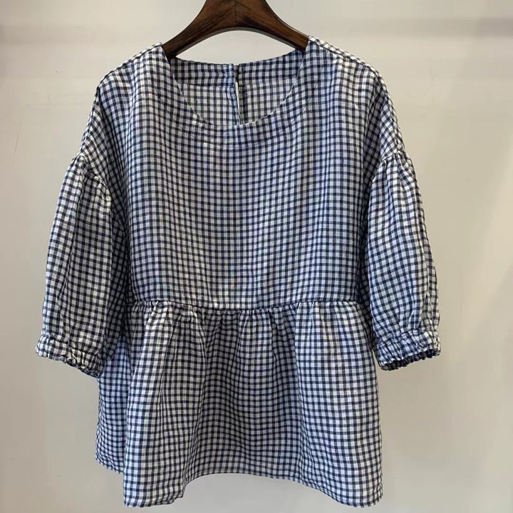 Dame Gingham Peplum-top med pufærmer Stilla