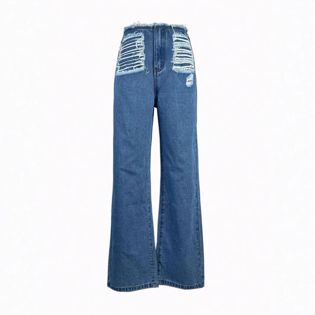 Dame brede jeans med iøjnefaldende rivdetaljer og afslappet snit Stilla