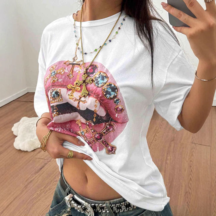 Dame Oversized T-Shirt med kreativ læbe- og smykkedesign Skovae