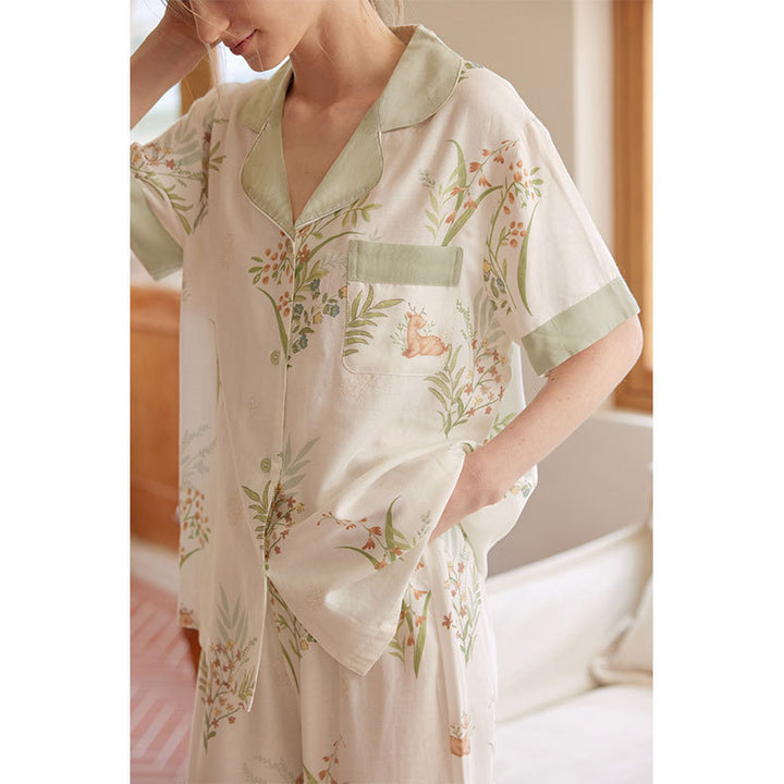 Dame Kortærmet Pyjama-Sæt med blomsterprint og elegant Knopliste Stilla