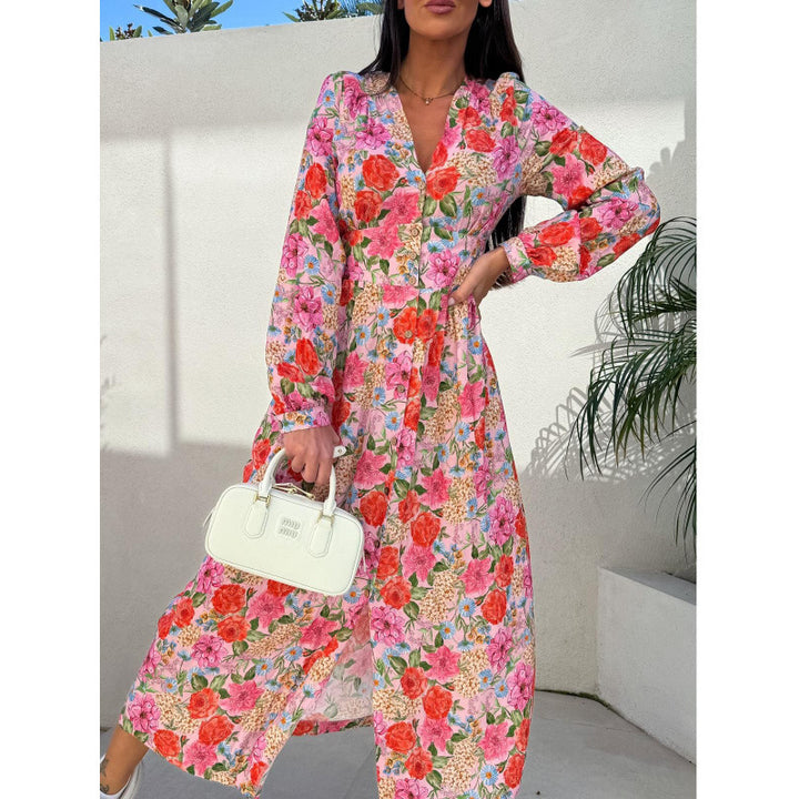 Femme Floral Button-Up Maxi-Kjole med Bælte Talje Stilla