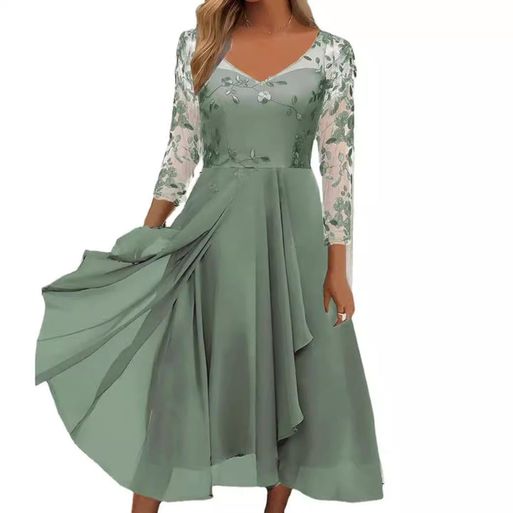 Dame nan V-hals chiffon midikjole med broderet bustier, gennemsigtige trekvartærmer og asymmetrisk lagkjole Skovae