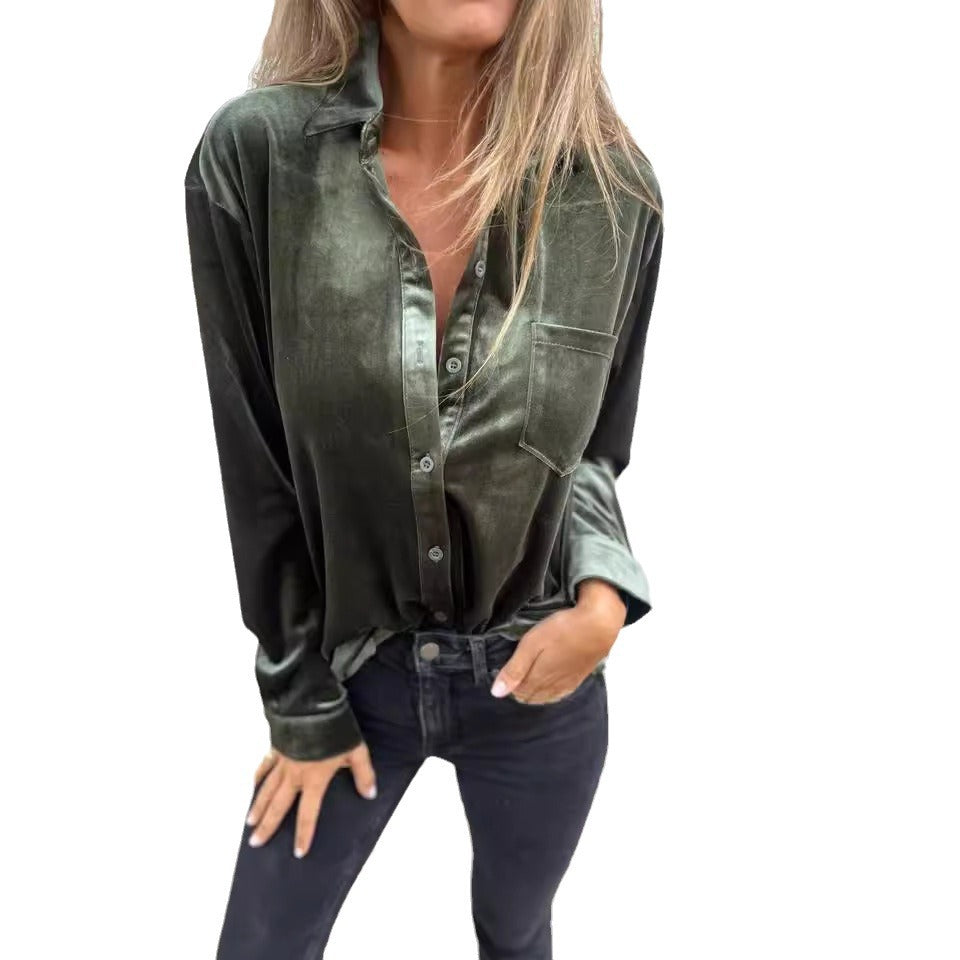 Dame Elegant Samt-Bluse med knaplukning og brystlomme Stilla