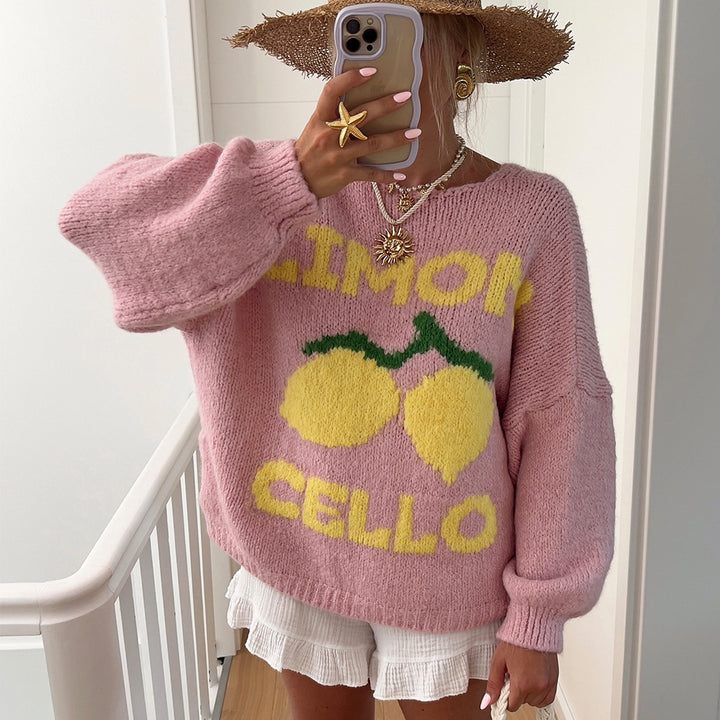 Dame strikjakke med muntert citrondesign og oversized snit Stilla