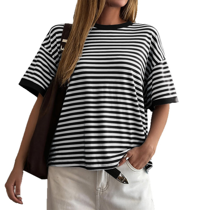 Dame Oversized Stribet T-shirt med Korte Ærmer og Rund Halsudskæring Skovae