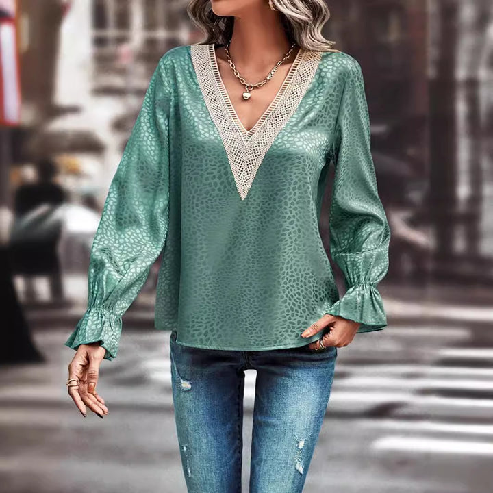 Dame Elegant Bluse med V-udskæring og Spids Accenter Stilla