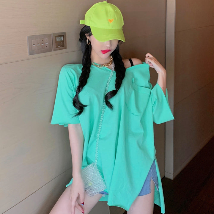 Dame Oversized V-Hals Top med Lomme-detaljer Stilla