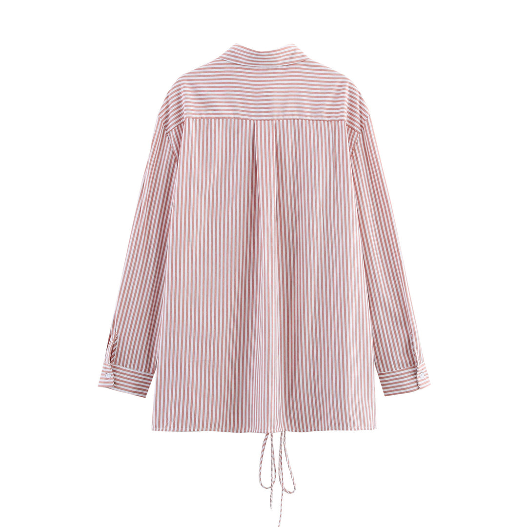 Femme Let Stribet Button-Up Skjorte med Justerbar Snøre Stilla