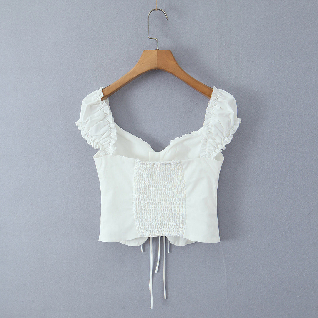 Dame vintage-inspireret crop-top med ruffle detaljer og moderne snit Stilla