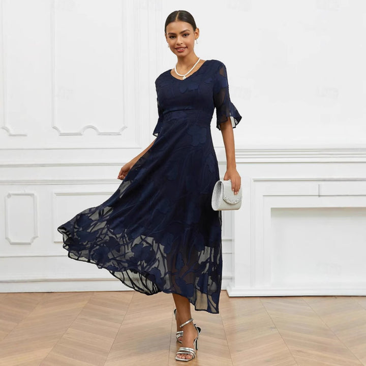 Dame elegant Midikjole med blomster Chiffon og V-udskæring Stilla