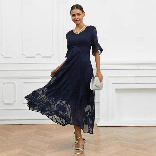 Dame elegant Midikjole med blomster Chiffon og V-udskæring Stilla