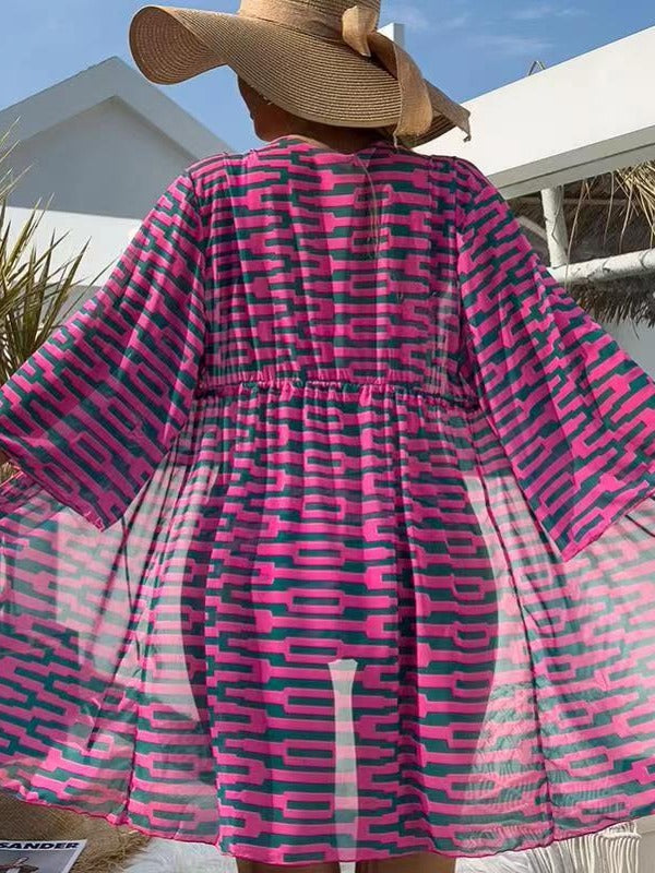 Dame gennemsigtig strandkimono med raffineret bindebånd og moderigtigt mønster Stilla