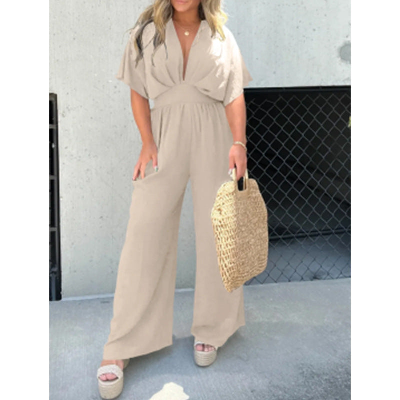Dame elegant jumpsuit med bred ben og dyb V-udskæring Stilla