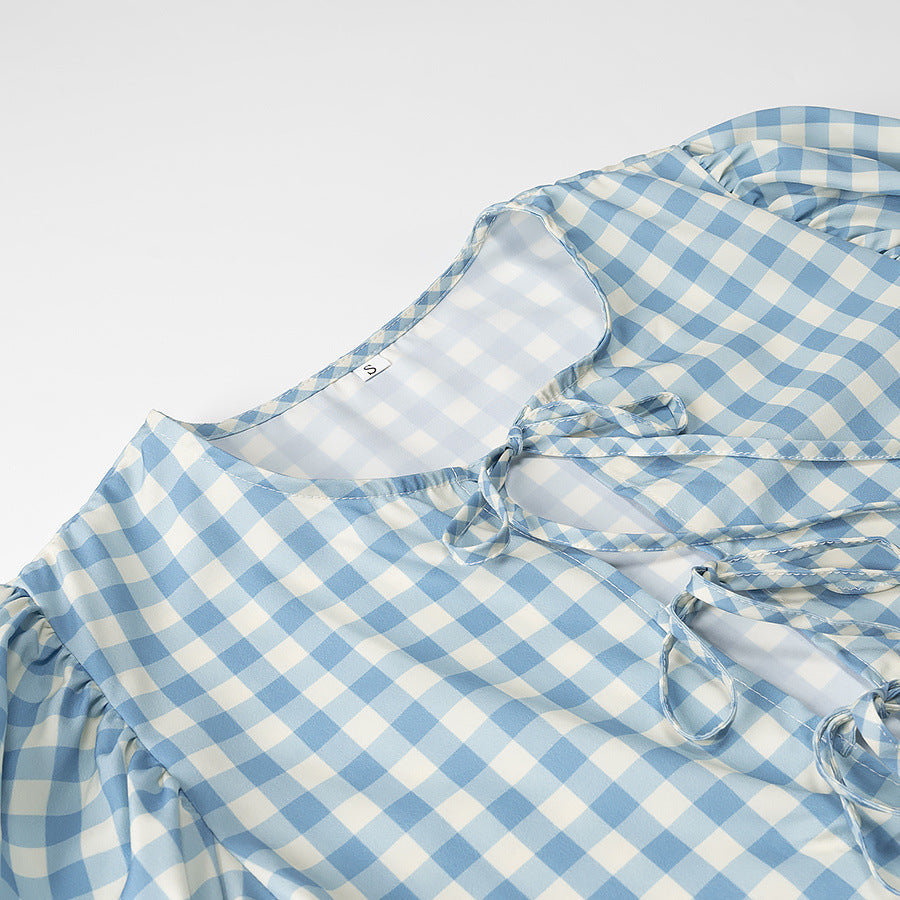 Dame Rüschenshirt med ternet mønster og romantisk bånd Stilla