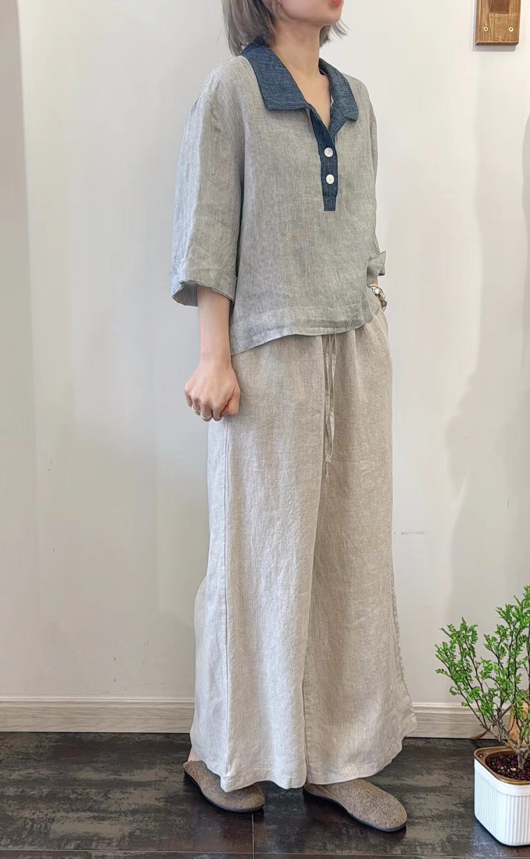 Femme Overstørrelser Linned Button-Up Top og Bredbenet Bukser Sæt Stilla