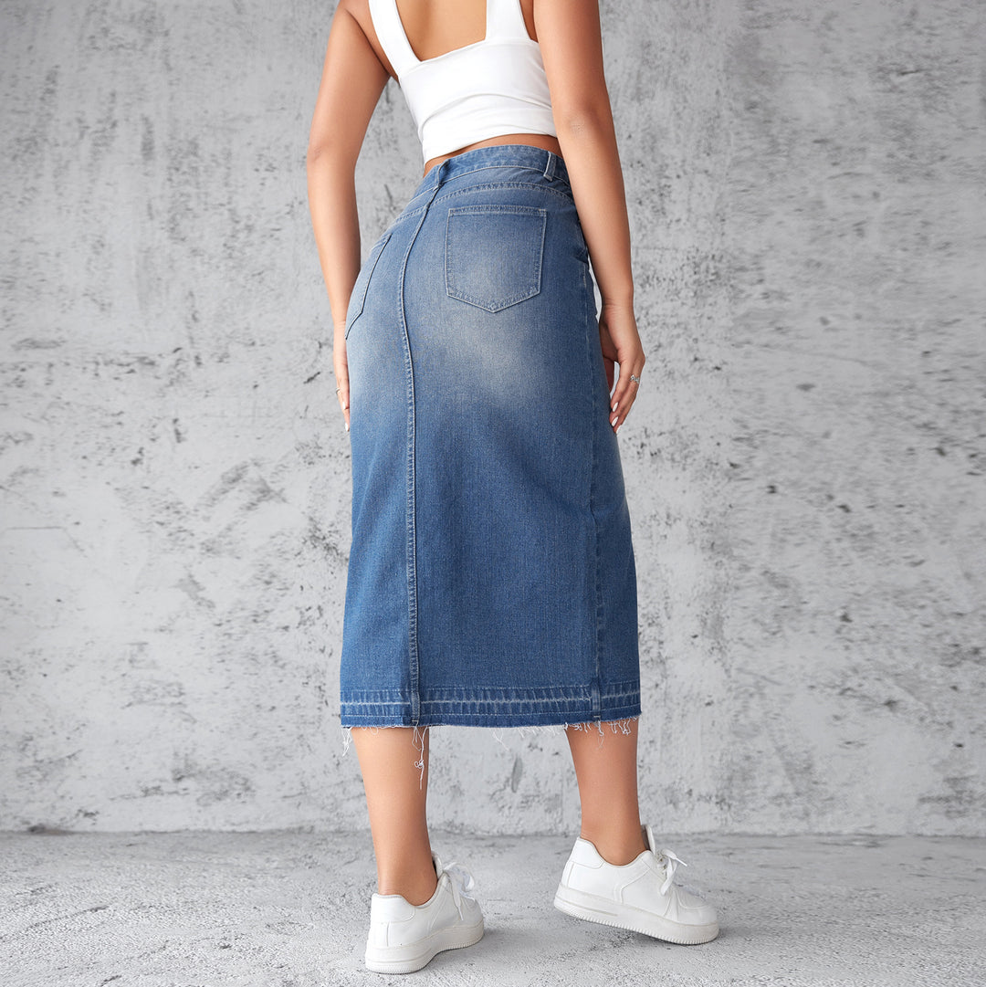 Dame Denim-Midirock med sidelidsrevne og frynset kant Stilla