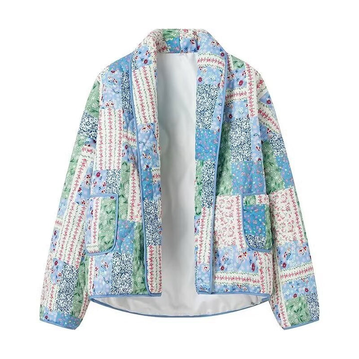 Dame patchwork-jakke med lommer og sløjfekrave Stilla