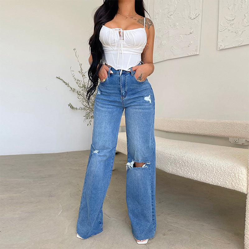 Dame Wide-Leg Jeans med høj talje og moderne revneffekter Stilla