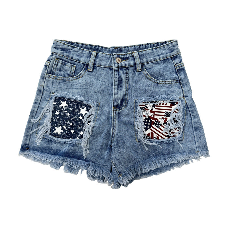 Dame Destroyed Denim-Shorts med frynsede lommer og stilfulde patches Skovae