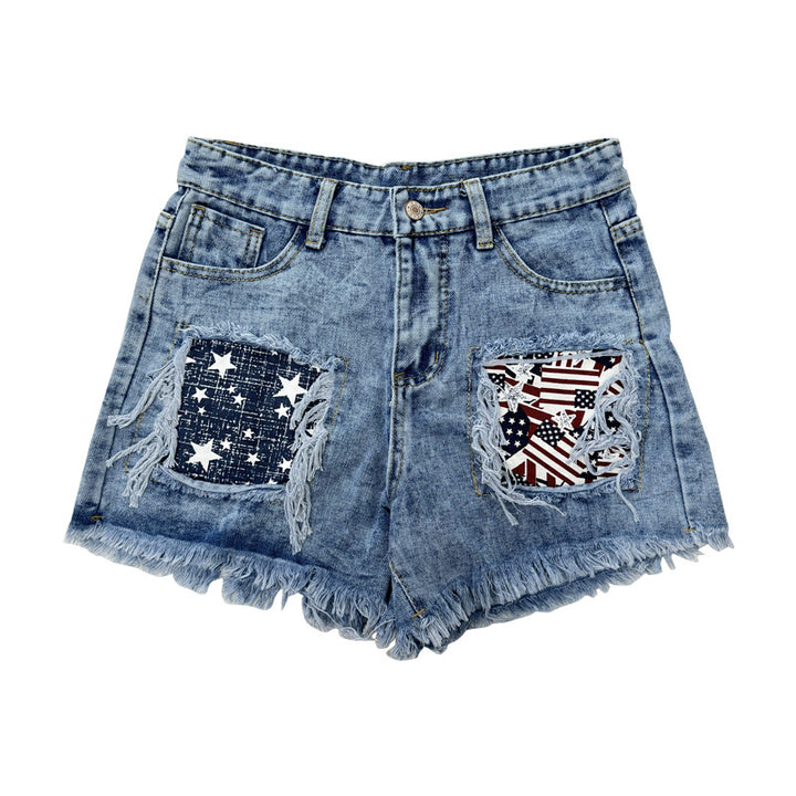 Dame Destroyed Denim-Shorts med frynsede lommer og stilfulde patches Skovae