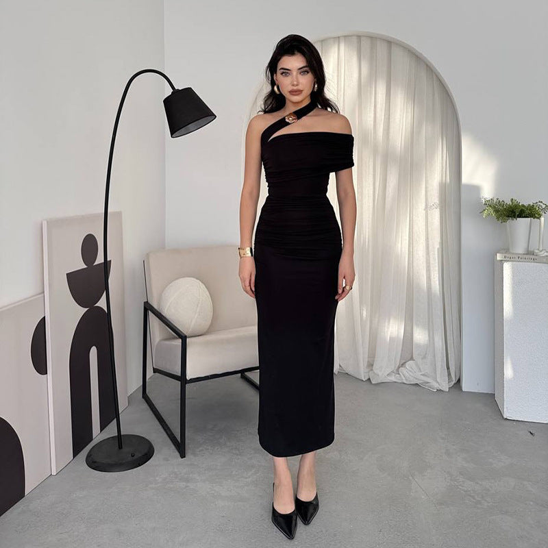Dame Elegant Rynket Maxikjole med asymmetrisk Strop Skovae